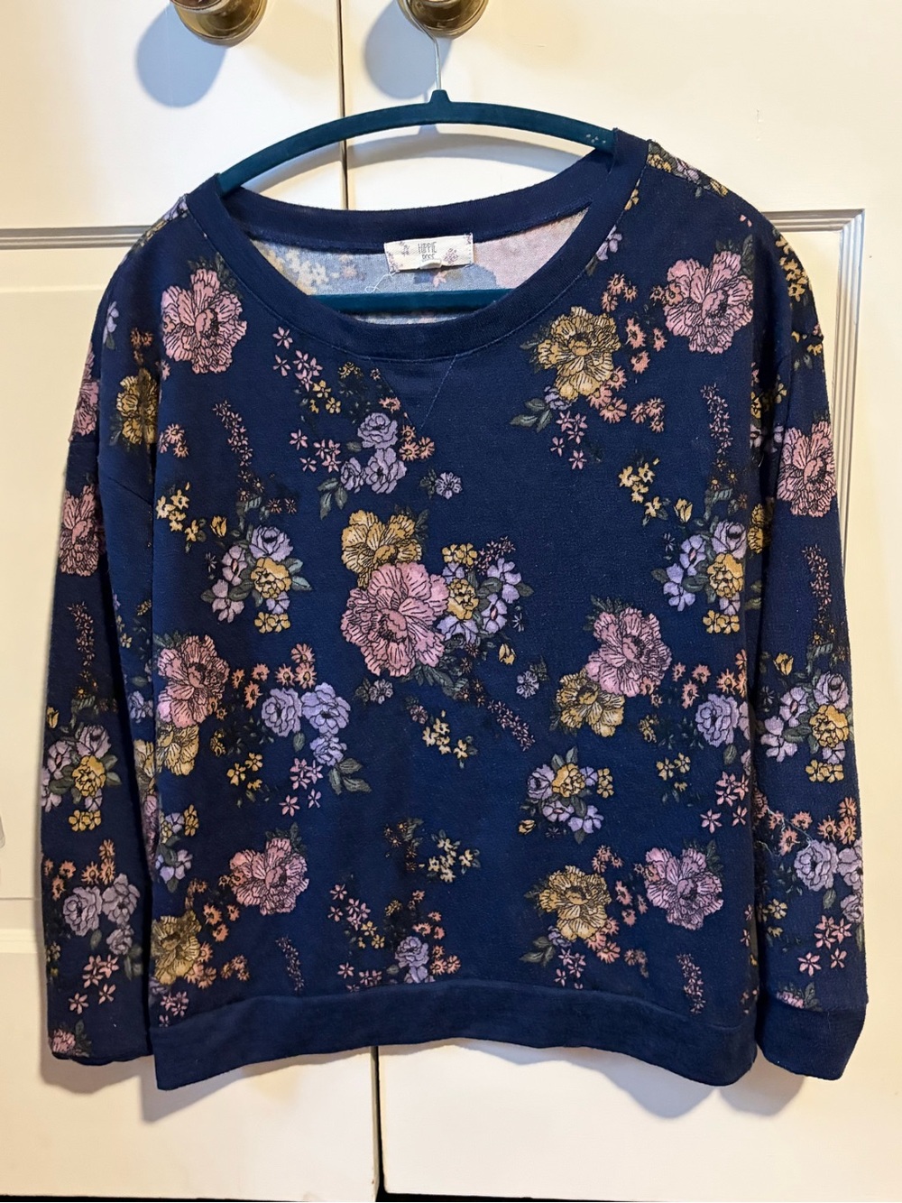 Hippie Rose Navy Floral Crewneck Sweater with Pink & Gold Flowers
